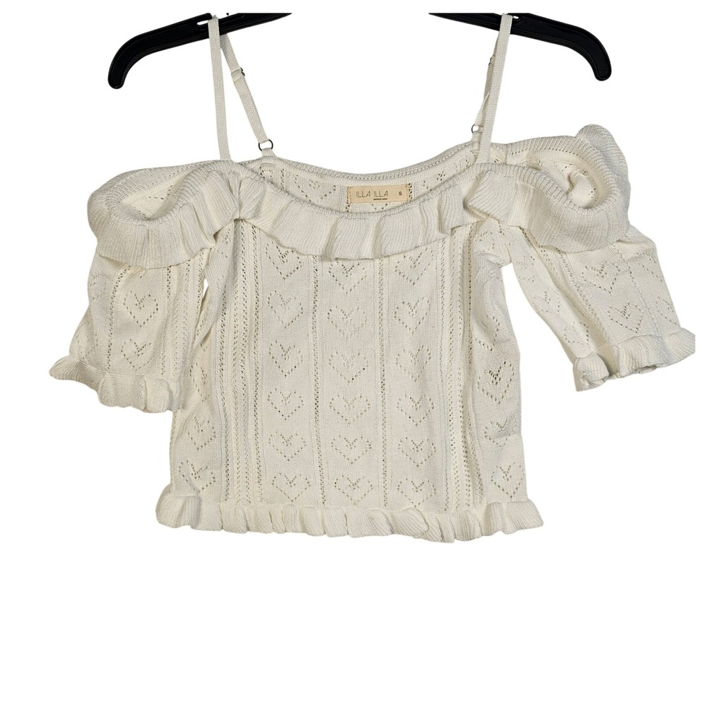 ILLA ILLA Cream Heart Pointelle Ruffle Cold Shoulder Knit Top Small